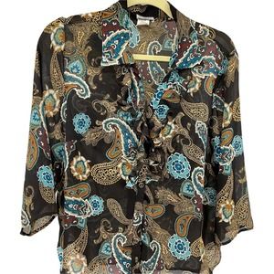 Mirage Mode Paisley Blouse Woman’s Button Front Ruffle Neckline Career Size 1X